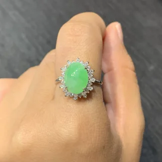 Icy Soft Green Natural Jadeite Cabochon Ring — S925 Silver · No. 1B8B