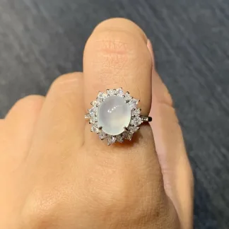 High-Icy Glowing Natural Jadeite Cabochon Ring — S925 Silver · No. 1018