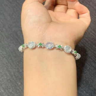 High-Icy Glowing Natural Jadeite Cabochon Bracelet — S925 Silver · No. FB91