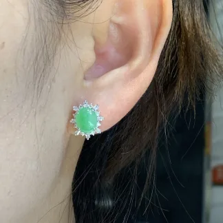 Icy Vivid Green Natural Jadeite Cabochon Stud Earrings — S925 Silver · No. DAD1
