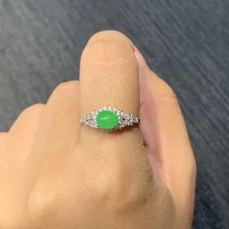 Icy Vivid Green Natural Jadeite Cabochon Ring — S925 Silver · No. 4EB4