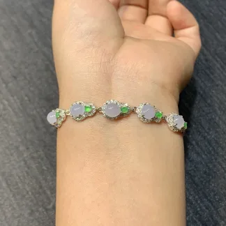 Icy Lavender and Green Natural Jadeite Cabochon Bracelet — S925 Silver · No. 85F5