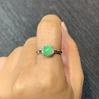 Icy Vivid Green Natural Jadeite Cabochon Ring — S925 Silver · No. C236