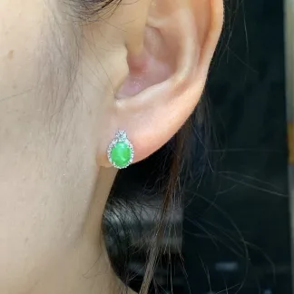 Icy Vivid Green Natural Jadeite Cabochon Stud Earrings — S925 Silver · No. 841B