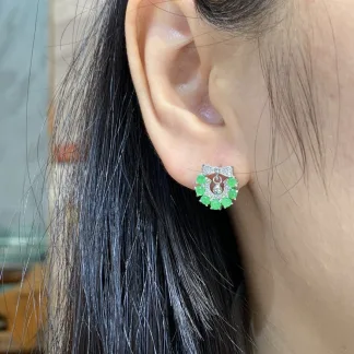 Icy Vivid Green Natural Jadeite Cabochon Stud Earrings — S925 Silver · No. 049B