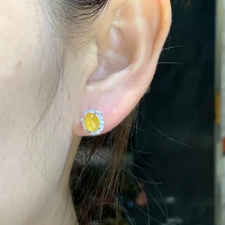 High-Icy Honey Yellow Natural Jadeite Cabochon Stud Earrings — S925 Silver · No. 5C93