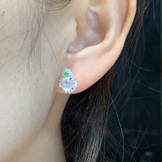 High-Icy Glowing Natural Jadeite Cabochon Stud Earrings — S925 Silver · No. 1364