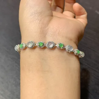 High-Icy Glowing Natural Jadeite Cabochon Bracelet — S925 Silver · No. AEF6