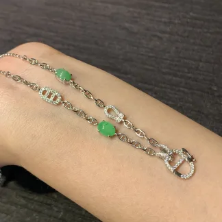 Icy Vivid Green Natural Jadeite Convertible Cabochon Chain — S925 Silver · No. B53E