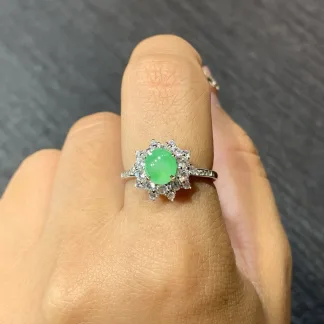 High-Icy Soft Vivid Green Natural Jadeite Cabochon Ring — S925 Silver · No. C467