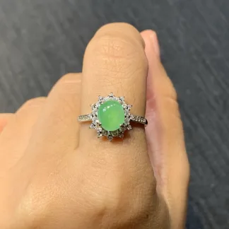 Icy Vivid Green Natural Jadeite Cabochon Ring — S925 Silver · No. 78E3
