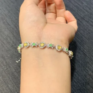 High-Icy Honey Yellow Natural Jadeite Cabochon Bracelet — S925 Silver · No. E2DA