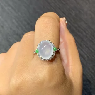 High-Icy Glowing Natural Jadeite Cabochon Ring — S925 Silver · No. 3F57