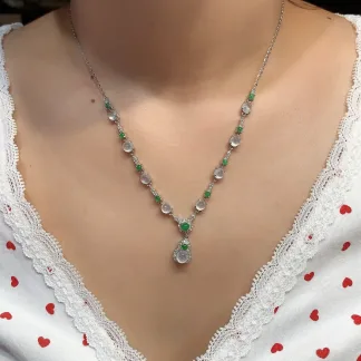 High-Icy Glowing White and Vivid Green Natural Jadeite Cabochon Necklace — S925 Silver · No. 1BEF