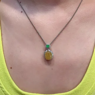 Icy Honey Yellow Natural Jadeite Cabochon Pendant — S925 Silver · No. 6D21