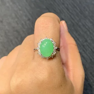 Icy Vivid Green Natural Jadeite Cabochon Ring — S925 Silver · No. D74B