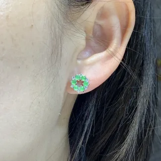 Icy Soft Vivid Green Floral Natural Jadeite Cabochon Stud Earrings — S925 Silver · No. 1B77