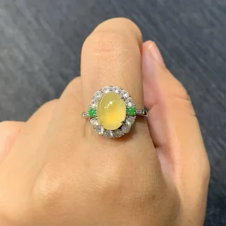 High-Icy Honey Yellow Natural Jadeite Cabochon Ring — S925 Silver · No. 9148
