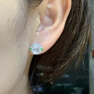 High-Icy Glowing Natural Jadeite Cabochon Stud Earrings — S925 Silver · No. 3541