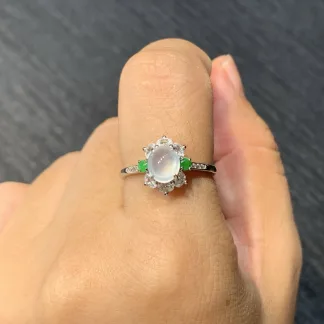 High-Icy Glowing Natural Jadeite Cabochon Ring — S925 Silver · No. EB98