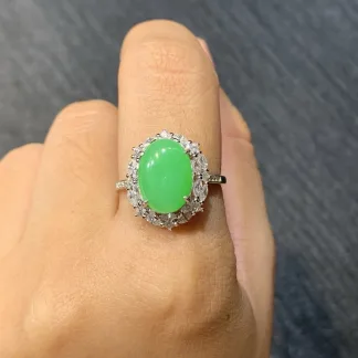 Icy Vivid Green Natural Jadeite Cabochon Ring — S925 Silver · No. 3896