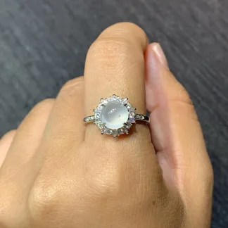 High-Icy Glowing Natural Jadeite Cabochon Ring — S925 Silver · No. 7A43