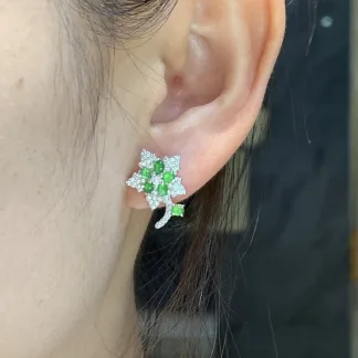 High-Icy Vivid Green Floral Natural Jadeite Cabochon Stud Earrings — S925 Silver · No. FBEA