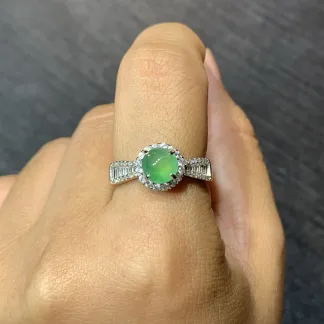 Icy Soft Vivid Green Natural Jadeite Cabochon Ring — S925 Silver · No. 0D71