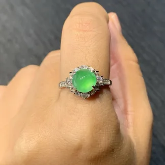 High-Icy Vivid Green Natural Jadeite Cabochon Ring — S925 Silver · No. D6EA
