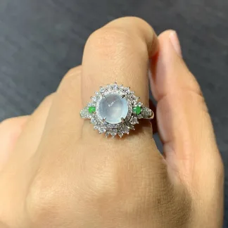 High-Icy Mottled Natural Jadeite Cabochon Ring — S925 Silver · No. 4D2E