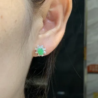 Icy Clear Green Natural Jadeite Cabochon Stud Earrings — S925 Silver · No. 49F4