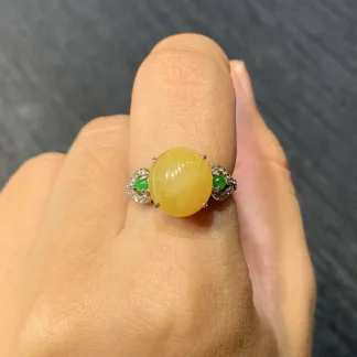 Icy Honey Yellow Natural Jadeite Cabochon Ring — S925 Silver · No. 7318