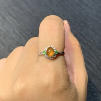 High-Icy Honey Yellow Natural Jadeite Cabochon Ring — S925 Silver · No. D26D