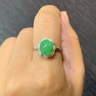 Icy Vivid Green Natural Jadeite Cabochon Ring — S925 Silver · No. 01C1