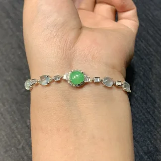 High-Icy Glowing White and Vivid Green Natural Jadeite Cabochon Bracelet — S925 Silver · No. 1C4F