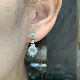 High-Icy Snowflake-Inclusion Clear Natural Jadeite Cabochon Drop Earrings — S925 Silver · No. 95B5