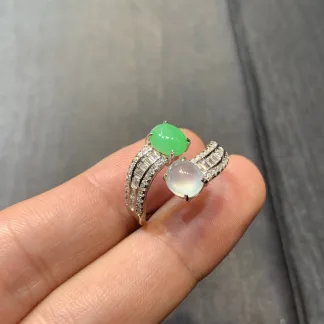 Icy White and Green Natural Jadeite Cabochon Ring — S925 Silver · No. 8ECA