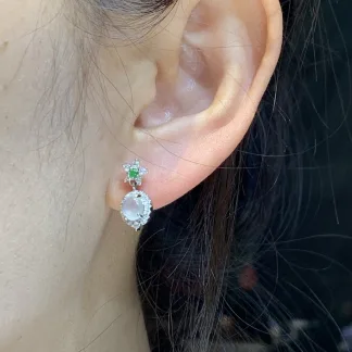 High-Icy Glowing Natural Jadeite Cabochon Drop Earrings — S925 Silver · No. E90C