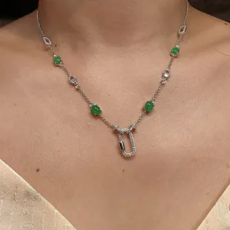 High-Icy Vivid Green Natural Jadeite Convertible Cabochon Chain — S925 Silver · No. FF42