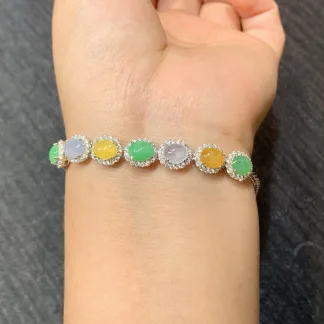 High-Icy Multicolor Natural Jadeite Cabochon Bracelet — S925 Silver · No. FB22