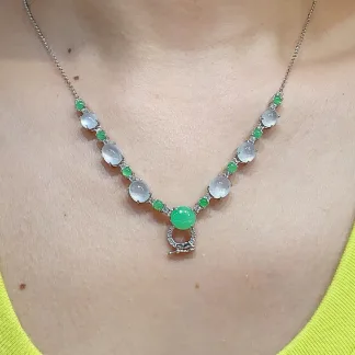 High-Icy Glowing White and Green Natural Jadeite Convertible Cabochon Chain — S925 Silver · No. D682