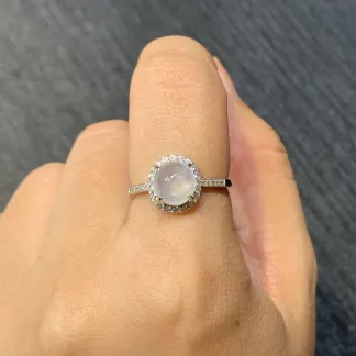 High-Icy Glowing Natural Jadeite Cabochon Ring — S925 Silver · No. 0DFF