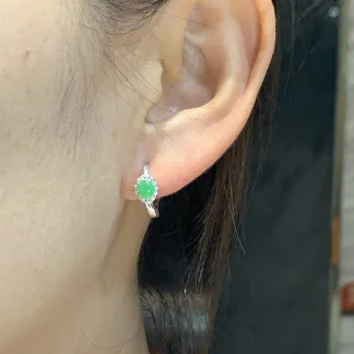 High-Icy Vivid Green Natural Jadeite Cabochon Huggie Earrings — S925 Silver · No. 5A5C