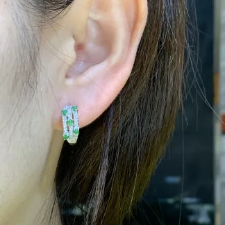 Icy Vivid Green Natural Jadeite Cabochon Huggie Earrings — S925 Silver · No. 0BAF
