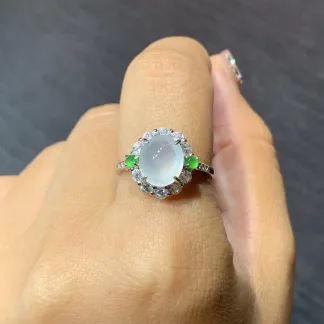 High-Icy Glowing Natural Jadeite Cabochon Ring — S925 Silver · No. CE64