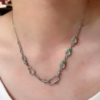 High-Icy Glowing Gourd Natural Jadeite Convertible Cabochon Chain — S925 Silver · No. AF8E