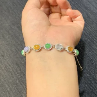 High-Icy Multicolor Natural Jadeite Cabochon Bracelet — S925 Silver · No. 94AA