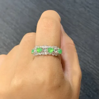 High-Icy Glowing Green Natural Jadeite Multi-Stone Cabochon Band — S925 Silver · No. 301A
