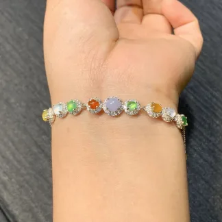 High-Icy Multicolor Natural Jadeite Cabochon Bracelet — S925 Silver · No. 626F