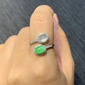 High-Icy Glowing White and Vivid Green Natural Jadeite Cabochon Ring — S925 Silver · No. ED59